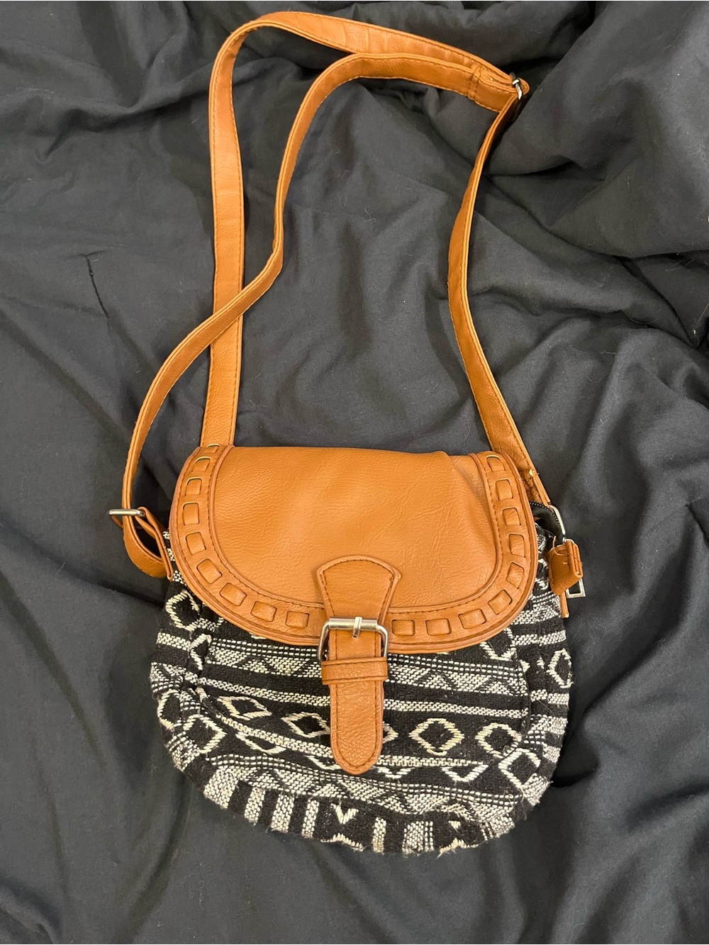 Tan Leather-Accent Crossbody Bag with Black & White Pattern